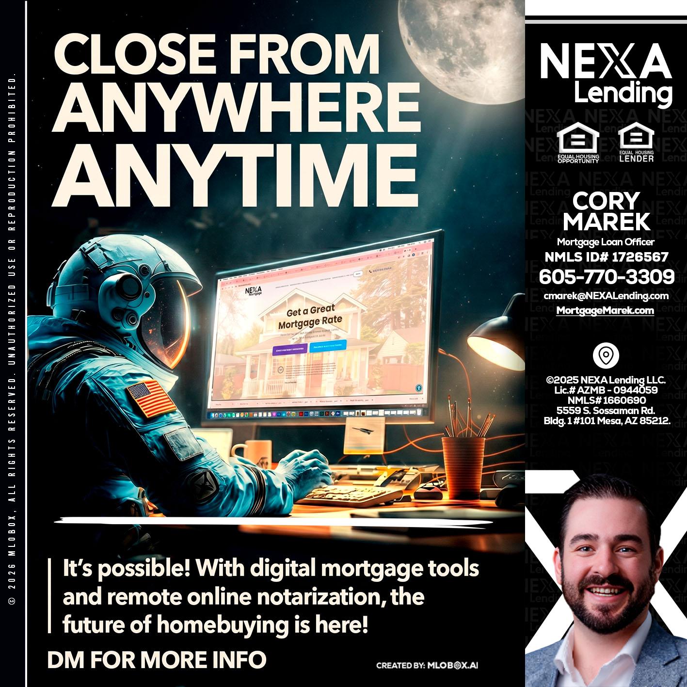 CLOSE FROM - Cory Marek -Mortgage Loan Officer