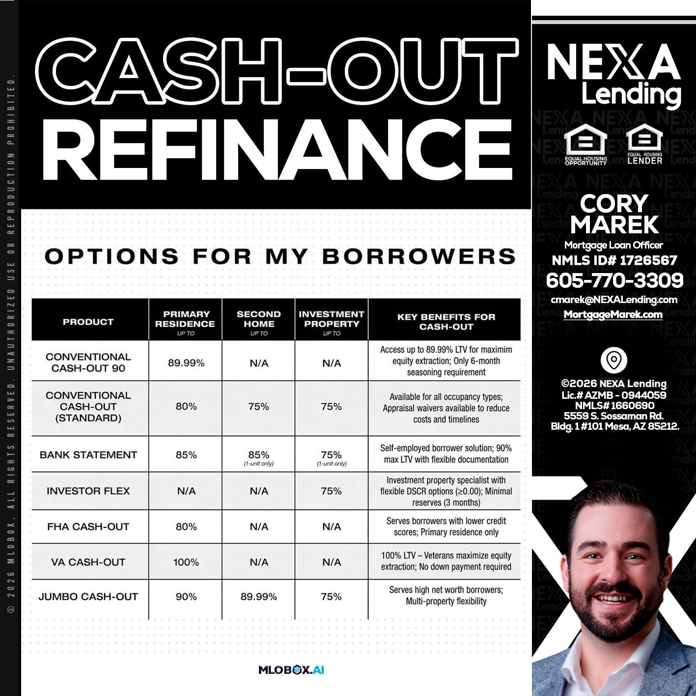 CASH OUT - Cory Marek -Mortgage Loan Officer