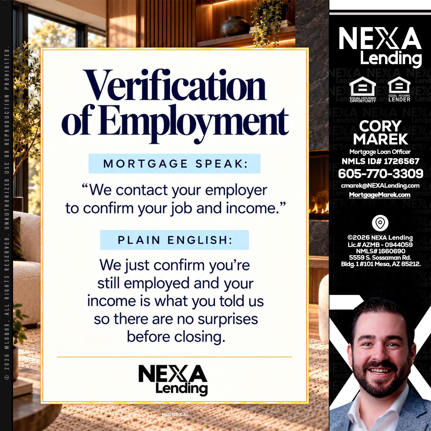 VERIFICATION OF EMPLOYMENT - Cory Marek -Mortgage Loan Officer